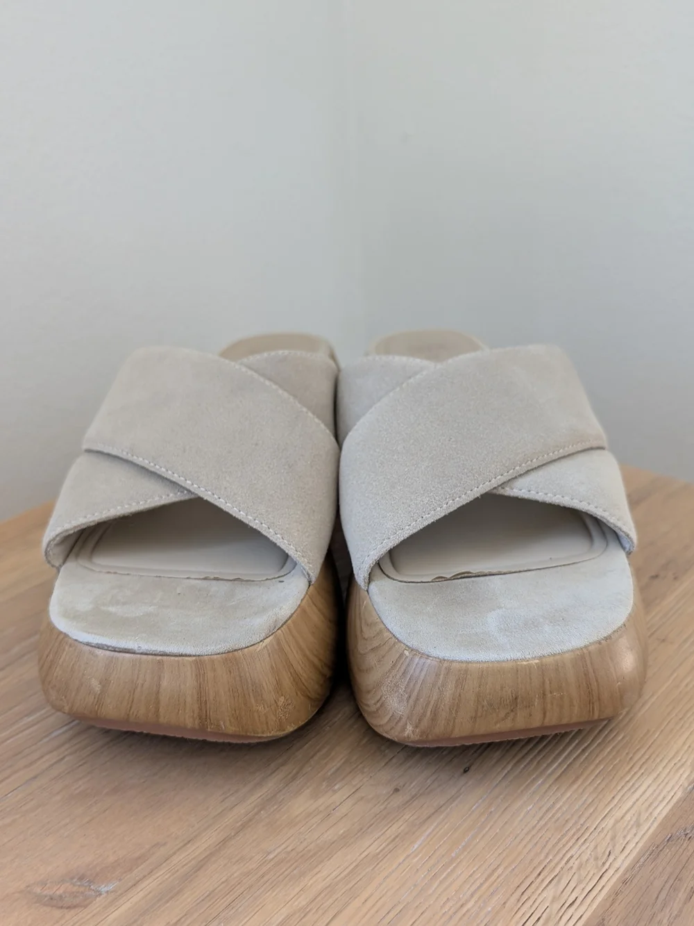 Zara Neutral Suede Slide Chunky Wood Heel Sandals In Beige - 8.5 - Picture 4 of 10